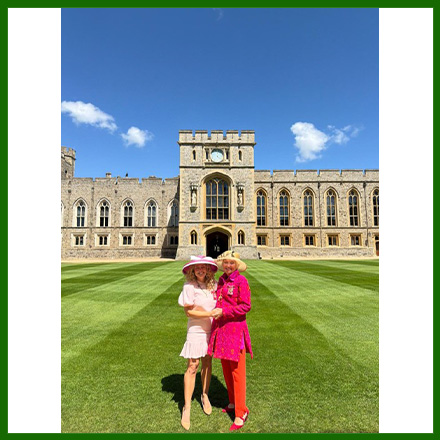 Mother and Daughter Mrs Janey Howell and Dr Gabriella Howell standing infront of Windsor Castle